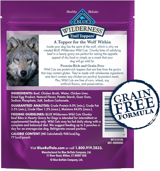 Blue Buffalo Wilderness Trail Toppers Wild Cuts Wet Dog Food, High-Protein & Grain-Free, Made with Natural Ingredients, Chunky Beef Bites in Hearty Gravy, 3-oz. Pouches, (24 Count)