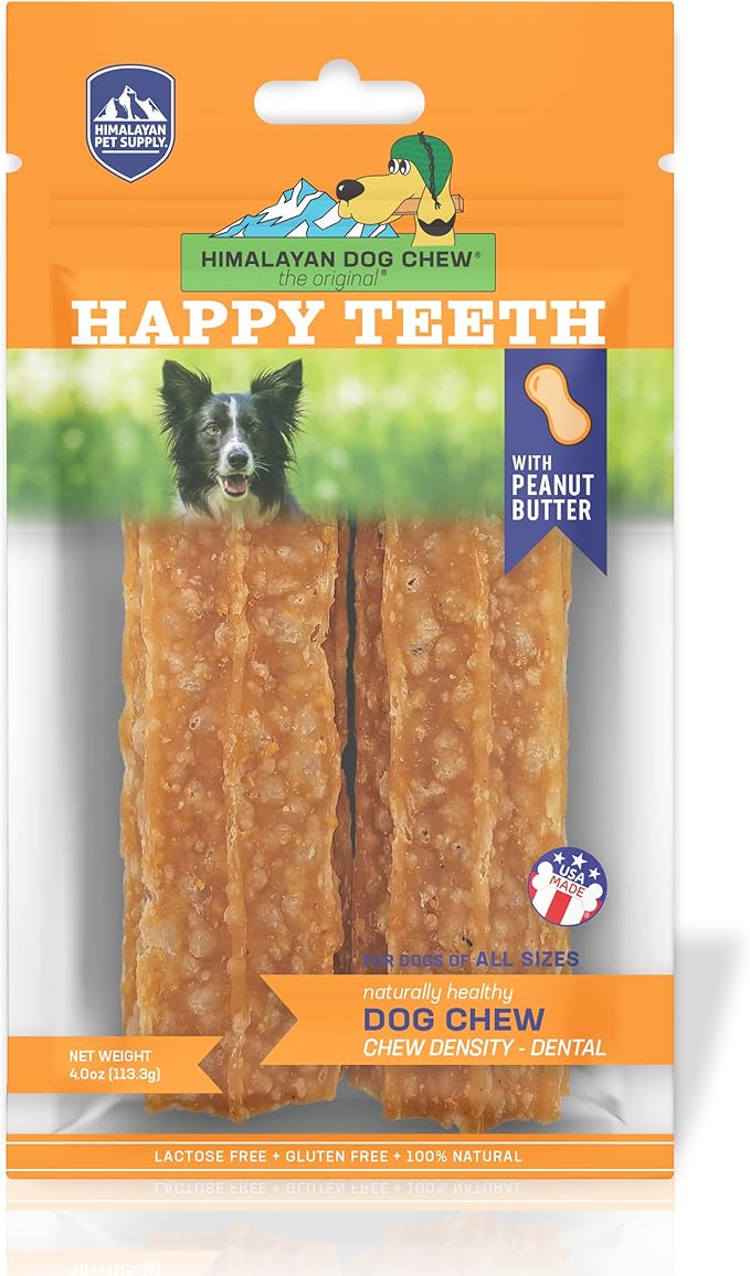 Happy Teeth Natural Cheese Dog Chews | Peanut Butter Flavor | Dental Chew | Protein Rich | Gluten Free - Lactose Free - Wheat Free - Soy Free | 2 Happy Teeth Chews per Resealable Pouch