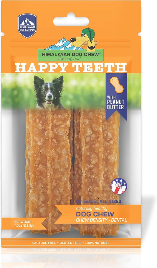 Happy Teeth Natural Cheese Dog Chews | Peanut Butter Flavor | Dental Chew | Protein Rich | Gluten Free - Lactose Free - Wheat Free - Soy Free | 2 Happy Teeth Chews per Resealable Pouch