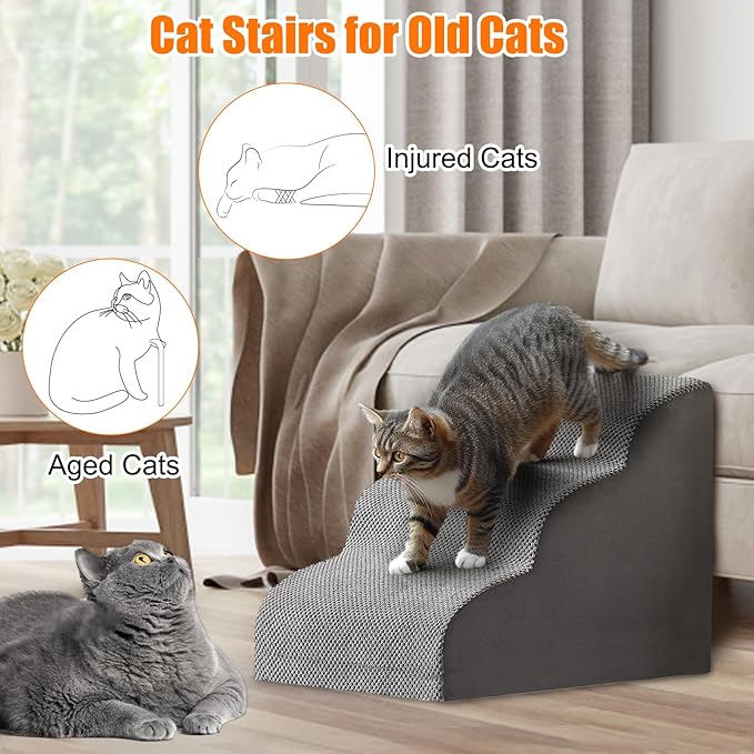 Mity rain Cat Stairs, 3-Steps Cat Stairs for Old Cats, Gentle Slop Design for Senior/Injury/Small Cats, Strong Support 3D Cat Ramp for Climbing on Bed Chair Couch