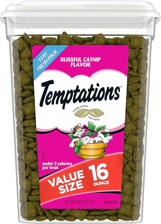 TEMPTATIONS Classic Crunchy and Soft Cat Treats Blissful Catnip Flavor, 16 Ounce (Pack of 1)