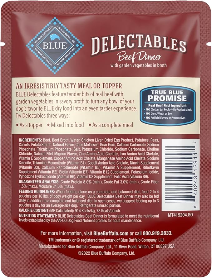 Blue Buffalo Delectables Natural Wet Dog Food Toppers, Hearty Beef Cuts in Gravy, 3-oz