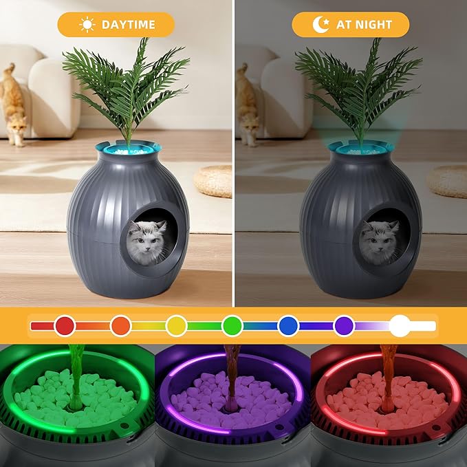 YITAHOME Smart Plant Litter Box with Odor Control & Sterilization System, Hidden Cat Litter Box Plant Furniturewith Led Light for Cats, Includes Scoop, Stones, Artificial Plants, Grey & Green