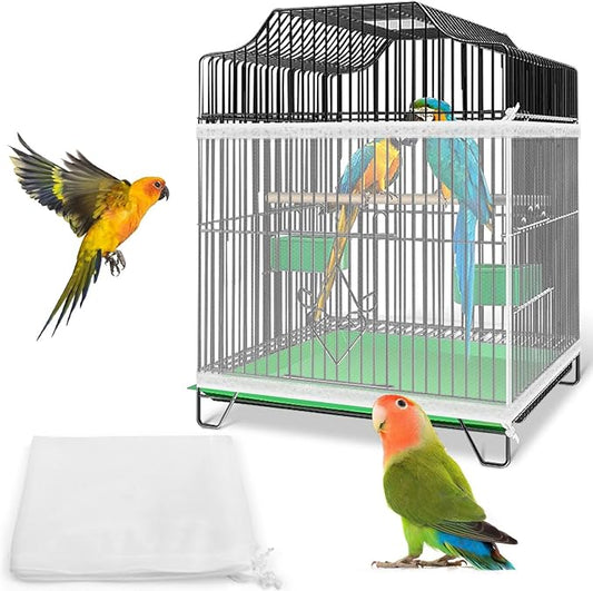Bissap Bird Cage Seed Catcher, 59-86'' X16'' Universal Birdcage Net Nylon Adjustable Mesh Stretchy Skirts Cover for Parrot Cage Seed Guard (Not Include Birdcage)- White