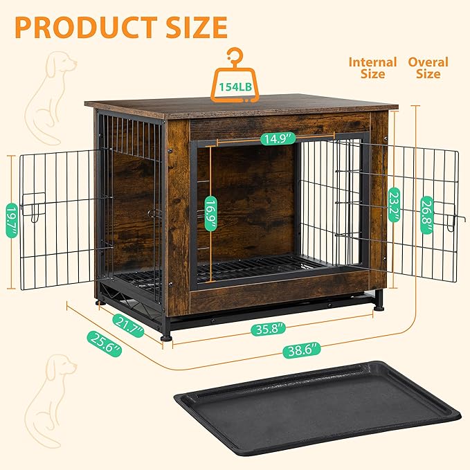 Shintenchi Wooden Dog Crate Furniture for Large Dog, L Double-Door Kennel Indoor with Removable Tray, End Table L Dog Crate for Decoration, 38" L*25" W*26" H, Vintage Brown