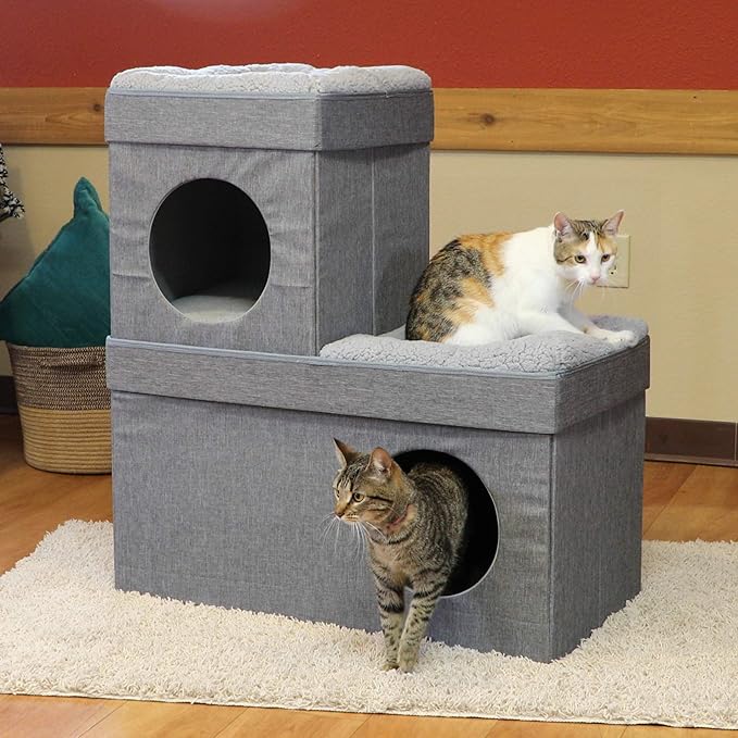 Kitty City Large Stackable Grey Condo, Cat Cube, Cat House, Pop Up Bed, Cat Ottoman, Mansion