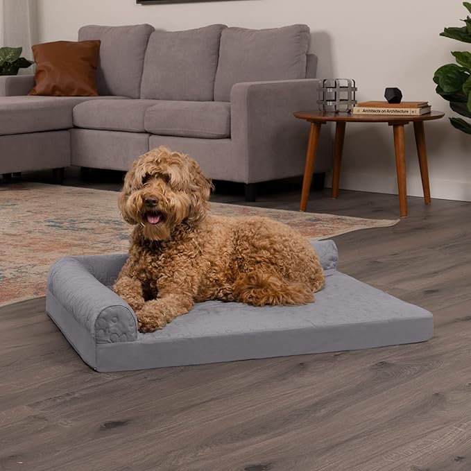 Furhaven Orthopedic Dog Bed for Large/Medium Dogs w/ Removable Bolsters & Washable Cover, For Dogs Up to 55 lbs - Pinsonic Quilted Paw L Shaped Chaise - Titanium, Large