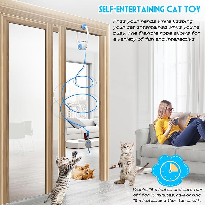 Cat Toy Interactive for Indoor Cats, Smart USB Rechargeable Door Hanging Automatic Retractable Kitten Toys, Teaser Electronic Self Play Feather Cat String Toys Attached with 3 Catnip Mice White