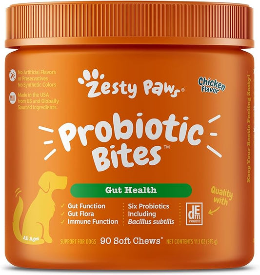 Zesty Paws Probiotics for Dogs - Digestive Enzymes for Gut Flora, Digestive Health, Diarrhea & Bowel Support - Clinically Studied DE111 - Dog Supplement Soft Chew for Pet Immune System - Chicken