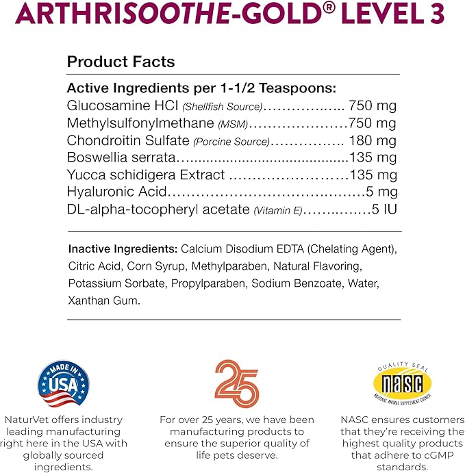 NaturVet ArthriSoothe-Gold Level 3 Advanced Joint Care for Dogs and Cats, 32 oz Liquid, Made in USA