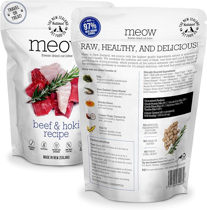 Meow Beef & Hoki Freeze Dried Raw Cat Food, Mixer, or Topper, or Treat - High Protein, Natural, Limited Ingredient Recipe 1.7 oz