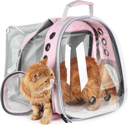 LOLLIMEOW Pet Carrier Backpack, Bubble Backpack Carrier, Cats and Puppies,Airline-Approved, Designed for Travel, Hiking, Walking & Outdoor Use (Square Expandable-Pink)