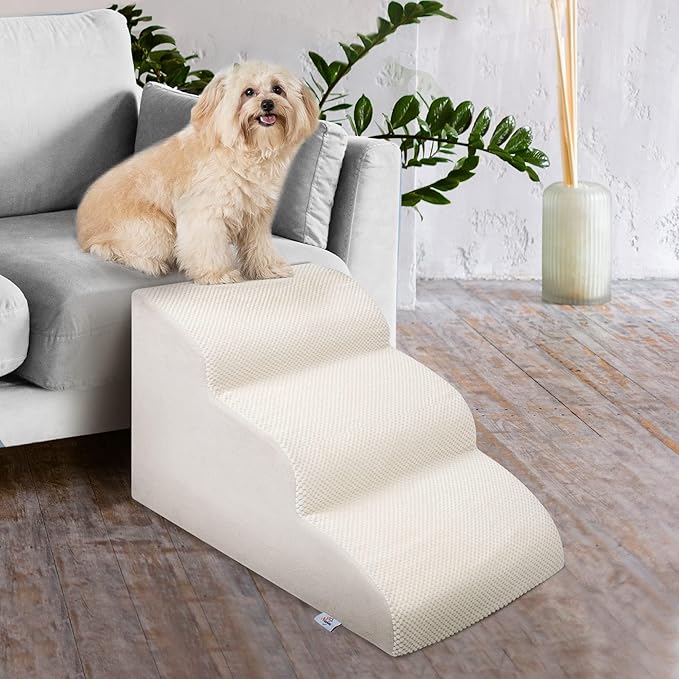 Dog Stairs for Small Dogs - High Density Foam Dog Ramp, Extra Wide Pet Steps with Non-Slip Bottom for High Beds, Couche and Sofa, Best for Dogs Injured, Older Dogs Cats (white, 3 Steps)