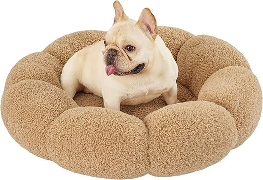 Lesure Calming Medium Dog Bed - Flower Donut Round Fluffy Puppy Bed in Plush Teddy Sherpa, Non-Slip Cute Flower Cat Beds for Indoor Cats, Medium Pet Bed Fits up to 45 lbs, Machine Washable, Camel 30"