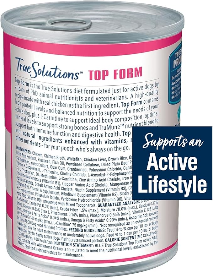 Blue Buffalo True Solutions Top Form Wet Dog Food for Active Adult Dogs, Supports an Active Lifestyle, Made with Natural Ingredients, Chicken, 12.5-oz. Cans (12 Count)