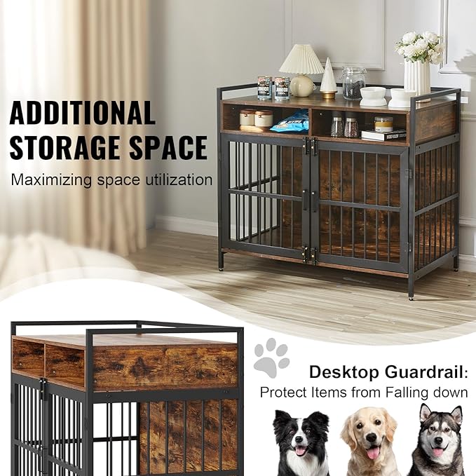 VEVOR Furniture Style Dog Crate with Storage, 41 inch Dog Crate Furniture Large Breed with Double Doors, Wooden Dog Cage for Large/Medium Dog Indoor, Hold up to 70 lbs, Rustic Brown