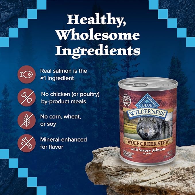 Blue Buffalo Wilderness Wolf Creek Stew High Protein, Natural Wet Food for Dogs, Hearty Salmon Stew in Gravy, 12.5-oz cans, 12 Count