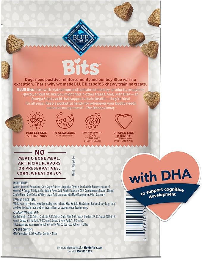 Blue Buffalo Bits Soft Dog Treats for Training, Made with Natural Ingredients & Enhanced with DHA, Savory Salmon Recipe, 4-oz. Bag