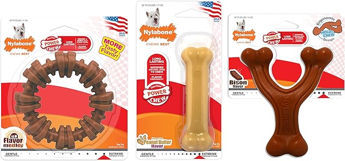 Nylabone Power Chew Customer Favorites Dog Toy Bundle, Indestructible Dog Chew Toys for Aggressive Chewers, 3 Shapes and Flavors, Flavor Medley, Small/Regular (3 Count)