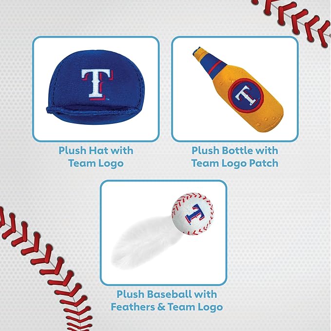 BEST PLUSH CAT TOY: MLB TEXAS RANGERS Complete Set of 3 piece Cat Toys filled with Fresh Catnip. Includes: 1 Baseball Cap Cat Toy, 1 Baseball Cat Toy with Feathers & 1 Beer Bottle. Beautiful Team LOGO