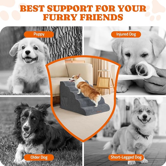 Dog Stairs for Small Dogs: Pawtners 5 Steps Dog Ramp for High Bed, Foam Pet Stairs with for Large Cat and Medium Dogs, Extra Wide Dog Steps for Dogs to Get on Bed for Couch Car Bed Sofa Grey