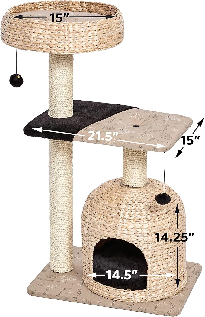 MidWest Homes for Pets Cat Tree | Nest Cat Furniture, 3-Tier Cat Activity Tree w/ Sisal Wrapped Support Scratching Posts & Dangle Play Balls, Woven Rattan & Script Medium Cat Tree
