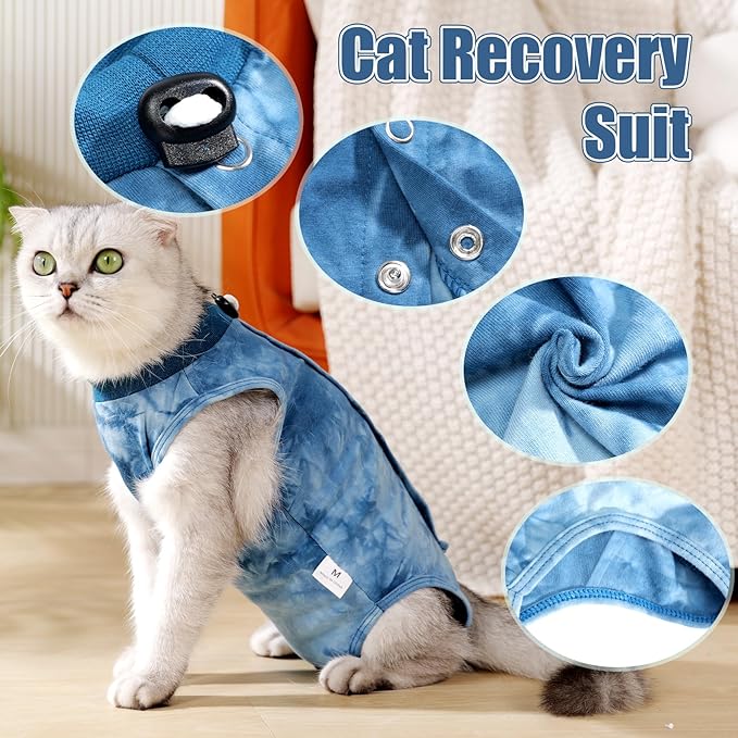 Cat Recovery Suit for Male and Female Surgical Post Surgery Soft Cone Onesie Tie Dye Cats Shirt Clothes Neuter Licking Protective Diapers Outfit Cover Kitten Spay Collar Alternative(Navy Blue, L)