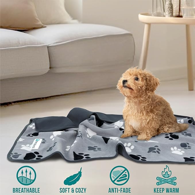 PetAmi Waterproof Dog Blanket for Bed, XL Pet Blanket Couch Cover Protection, Fleece Cat Blanket Throw for Crate Kennel Sofa Furniture Protector, Reversible Soft Plush, Twin 60x80 Paw Print Gray