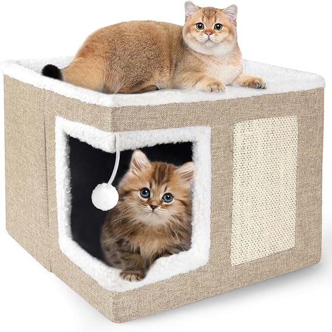 Cat Houses for Indoor Cats - Large Cat Bed Cave for Cat House with Scratch Pad and Fluffy Ball, Foldable Cat Hideaway with Reversible Cushion Cat Condo for Multi Small Pet, Khaki