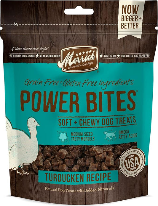 Merrick Power Bites Natural Soft And Chewy Real Meat Dog Treats, Grain Free Snack, Real Turducken Recipe - 6 oz. Bag