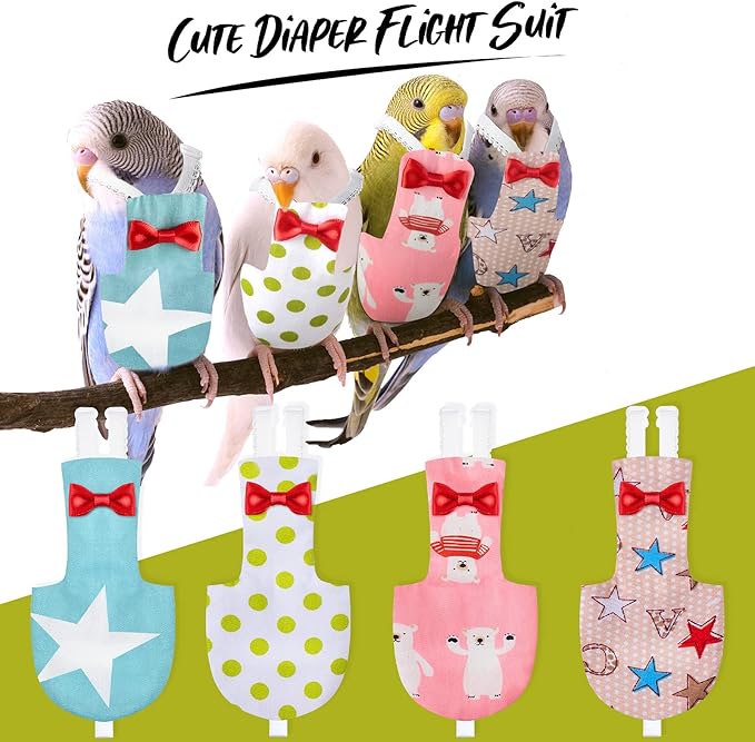 4 Pieces Bird Diapers Flight Suite Liners Washable Reusable Protective Parrot Nappy Clothes with Waterproof Inner Layer Cute Urine Wet Suit for Parrot Macaw Budgies Parakeet (Star Patterns, M)