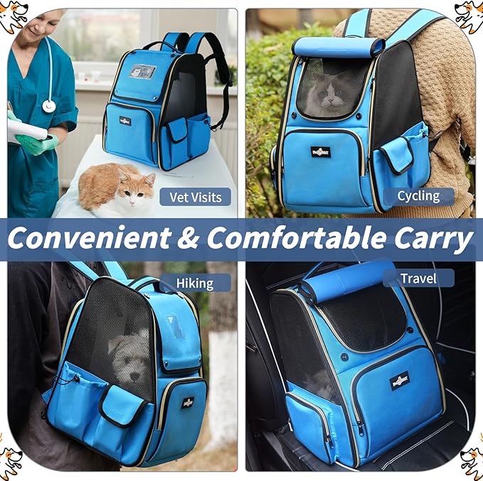 Cat Backpack Carrier, Expandable Pet Dog Backpack Carrier for Small Medium Cat Dog Under 20LBS, Ventilated Pet Backpack for Hiking Travel Outdoor Use, Blue