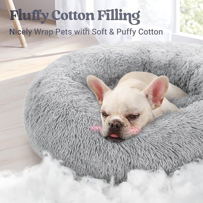 rabbitgoo Calming Dog Bed for Small Dog, 27 inches Pet Bed Washable, Fluffy Round Bed, Non-Slip Plush Large Cat Bed, Soft Cushion for Puppy, Light Grey