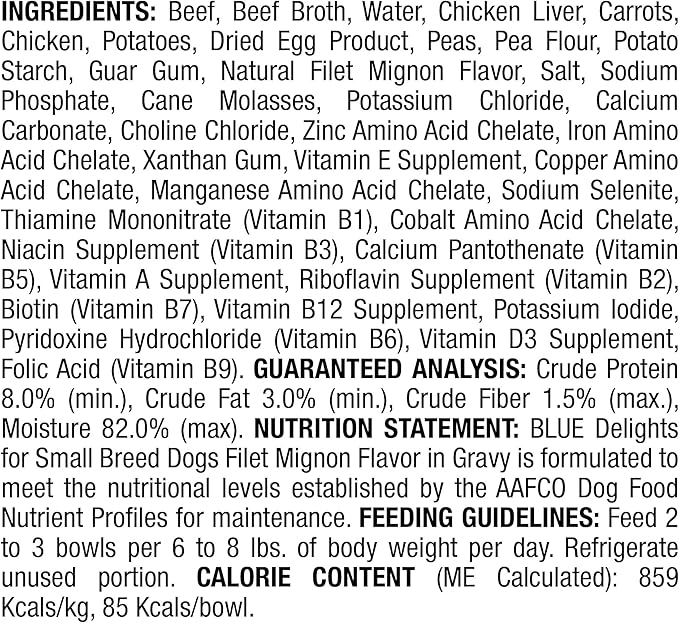 Blue Buffalo Delights Natural Adult Small Breed Wet Dog Food Cup, Filet Mignon Flavor in Hearty Gravy 3.5-oz (Pack of 12)