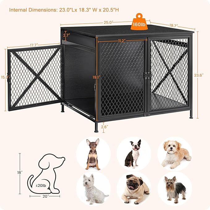 DWANTON Dog Crate Furniture, 25" L Three-Door Wooden Dog Kennel Indoor, Connectable expansion, Wooden Dog Crate Table for Small/Medium/Large Dog, Dog House, Dog Cage Large, Black