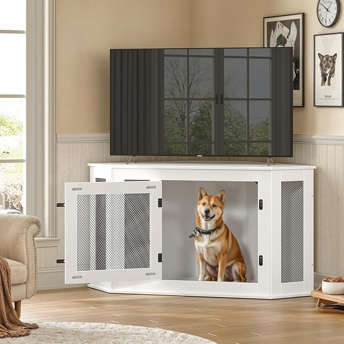 Corner Dog Crate Furniture, Wooden Dog Kennel End Table, Decorative Pet Crate Indoor Use, Furniture Style Dog House for Small Medium Dog, Dog Cage TV Stand, White and Black DCWT0801