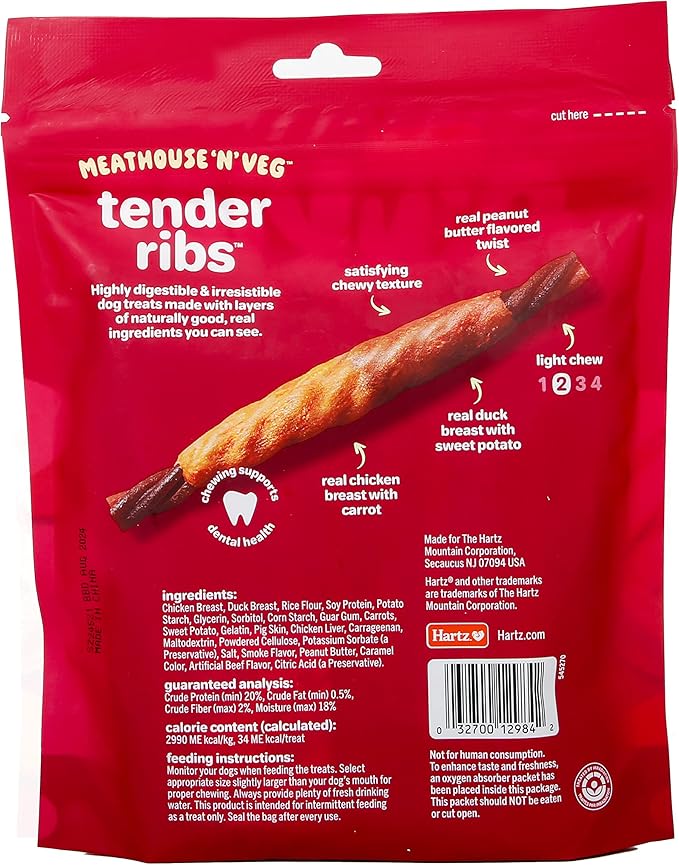 Oinkies Meathouse'n'Veg Tender Ribs Dog Treats with Real Chicken, Duck, Veggies & Peanut Butter Flavor, Highly Digestible and Rawhide-Free, 22 Count