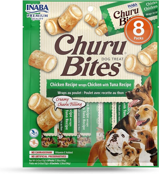 INABA Churu Bites for Dogs, Grain-Free, Soft/Chewy Baked Chicken Wrapped Churu Filled Dog Treats, 0.42 Ounces Each Tube | 8 Tubes Total