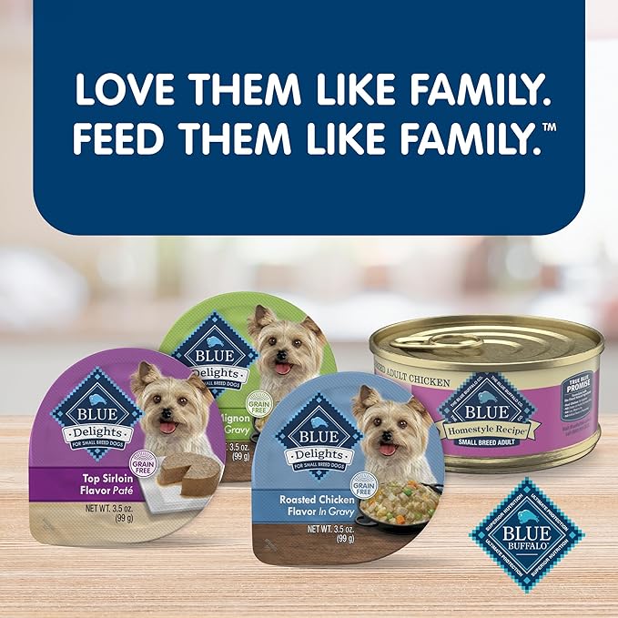 Blue Buffalo Delights Natural Adult Small Breed Wet Dog Food Cups, Pate Style, Chicken, Prime Rib and NY Strip 3.5-oz (24 Pack- 8 of Each Flavor)