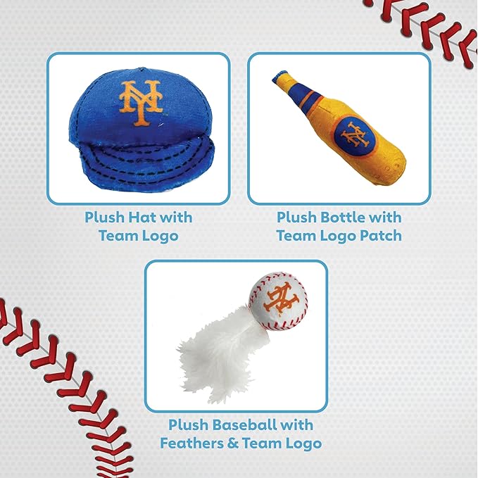 BEST PLUSH CAT TOY - MLB NEW YORK METS Complete Set of 3 piece Cat Toys filed with Fresh Catnip. Incld: 1 Baseball Cap Cat Toy, 1 Baseball Cat Toy with Feathers, & 1 Beer Bottle. Beautiful Team LOGOS