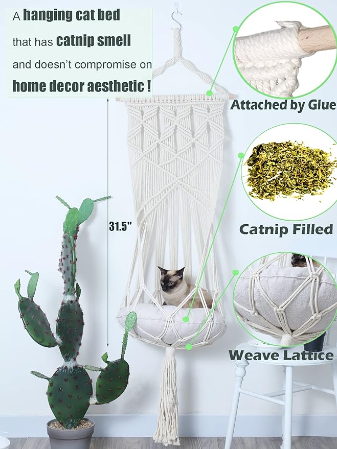 Macrame Cat Hammock,Macrame Hanging Cat Bed with Catnip Cushion and Hanging Kit (1.Macrame Hammock with Cat Bed)