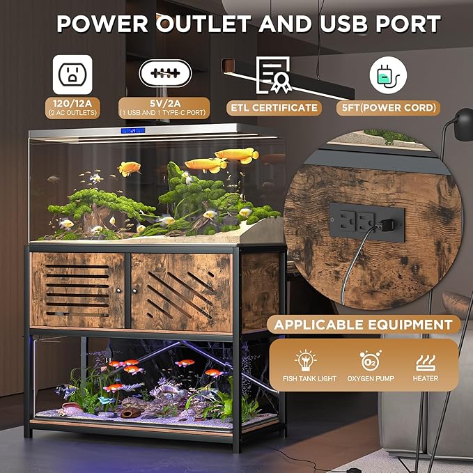 MELLCOM 40-50 Gallon Fish Tank Stand with Power Outlets & LED Light,Metal Aquarium Stand with Cabinet for Fish Tank Accessories Storage,Turtle Reptile Terrariums Stand Rack,Tank not Included