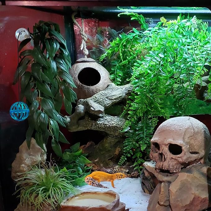 Crested Gecko Tank Accessories, Reptile Hammock and Vines Plants, Coco Hut Coconut Shell with Ladder Hideout Cave Habitat Decor for Lizard Leopard Gecko Tortoise Amphibians Hermit Crab