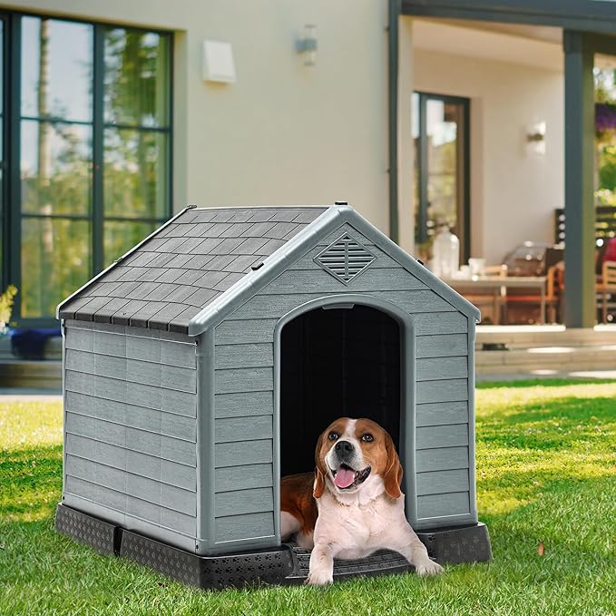 YITAHOME 34.5'' Large Plastic Dog House Outdoor Indoor Doghouse Puppy Shelter Water Resistant Easy Assembly Sturdy Dog Kennel with Air Vents and Elevated Floor (34.5''L*31''W*32''H, Black+Gray)