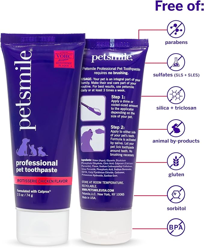 Petsmile Professional Pet Toothpaste - Cat & Dog Teeth Cleaning Supplies - Controls Plaque, Tartar, & Bad Breath - VOHC Accepted Toothpaste - Pet Dental Care Essentials (Rotisserie Chicken, 2.5 Oz)