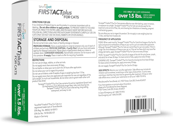 TevraPet FirstAct Plus Flea and Tick Prevention for Cats Over 1.5lbs, 6 Monthly Doses, Topical Drops