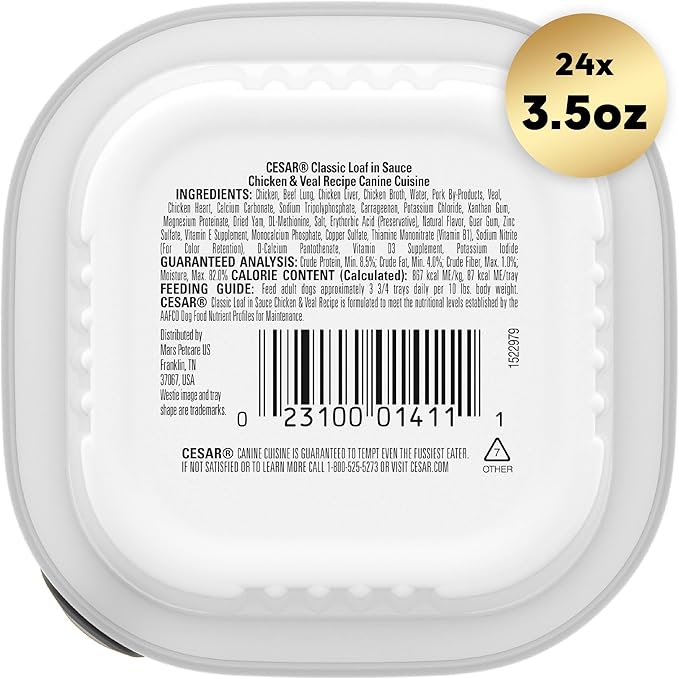 CESAR Adult Wet Dog Food Classic Loaf in Sauce Chicken & Veal Recipe, 3.5 oz. Easy Peel Trays, Pack of 24