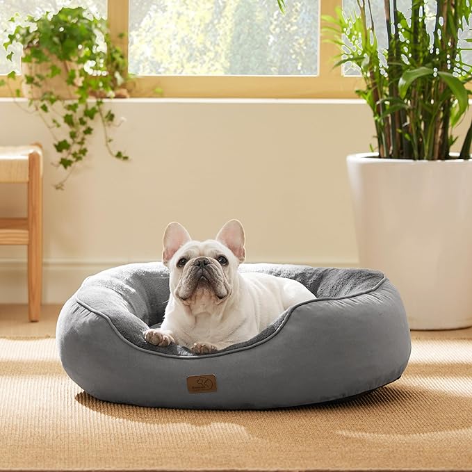 Bedsure Dog Bed for Medium Dogs - Round Washable Medium Pet Bed, Anti-Slip Donut Fluffy Plush Indoor Fur Cat Bed, 30 inches, Grey