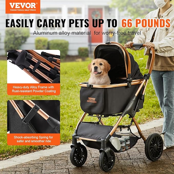 VEVOR 3 in 1 Large Pet Stroller for Dogs Cats Up to 66lbs, 4 Wheels Dog Stroller for Medium Large Dogs, Cat Stroller for 2 Cats Dogs with Detachable Carrier and Storage Basket