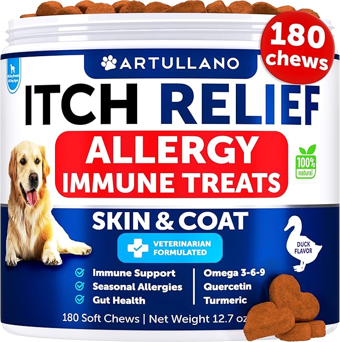 Dog Allergy Relief Chews - Dog Itching Skin Relief Treatment Pills - Itchy and Paw Licking - Anti-Itch Support - Immune Skin & Coat Supplement - Dry Skin and Hot Spots - 180 Treats